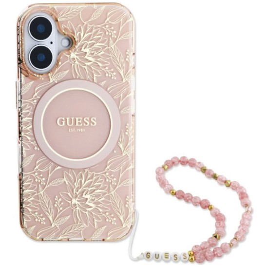 Husa pentru iPhone 16 Plus - Guess IML Flowers Allover Electro With Pearl Strap MagSafe (GUHMP16MHCPOFPP) - Pink