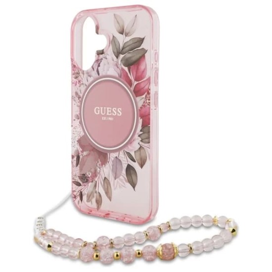 Husa pentru iPhone 16 Plus - Guess IML Flowers with Pearl Strap MagSafe (GUHMP16MHFWBRCESP) - Pink