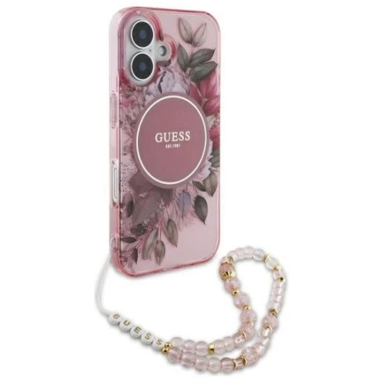 Husa pentru iPhone 16 Plus - Guess IML Flowers with Pearl Strap MagSafe (GUHMP16MHFWBRCESP) - Pink