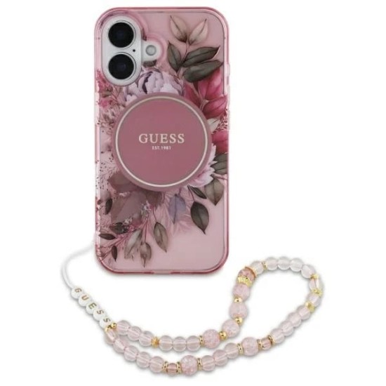 Husa pentru iPhone 16 Plus - Guess IML Flowers with Pearl Strap MagSafe (GUHMP16MHFWBRCESP) - Pink