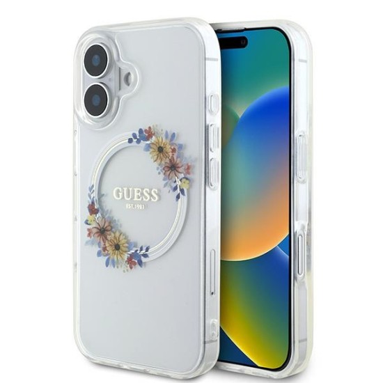 Husa pentru iPhone 16 Plus - Guess IML Flowers Wreath MagSafe (GUHMP16MHFWFCT) - Clear