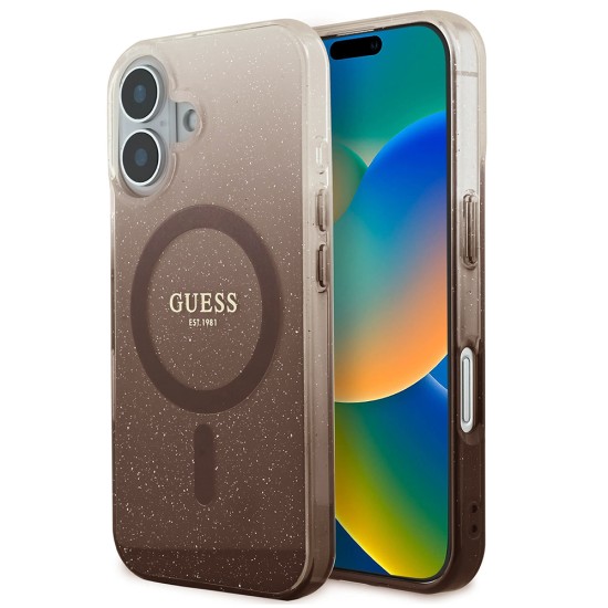 Husa pentru iPhone 16 Plus - Guess IML Glitter Gradient MagSafe (GUHMP16MHGRCELW) - Brown