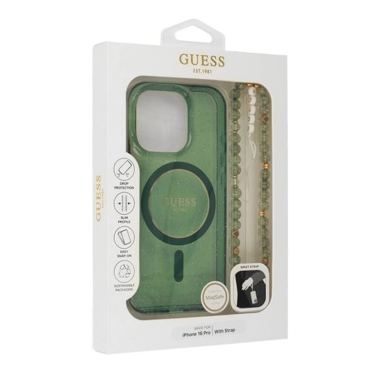 Husa pentru iPhone 16 Plus - Guess IML Glitter with Pearl Strap MagSafe (GUHMP16MHGCRELSA) - Green