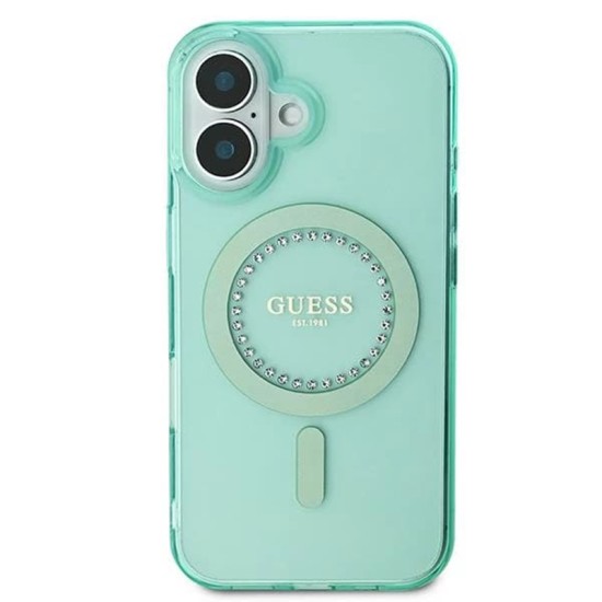 Husa pentru iPhone 16 Plus - Guess IML Rhinestones MagSafe (GUHMP16MPFTDTEN) - Green