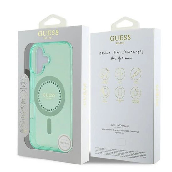 Husa pentru iPhone 16 Plus - Guess IML Rhinestones MagSafe (GUHMP16MPFTDTEN) - Green