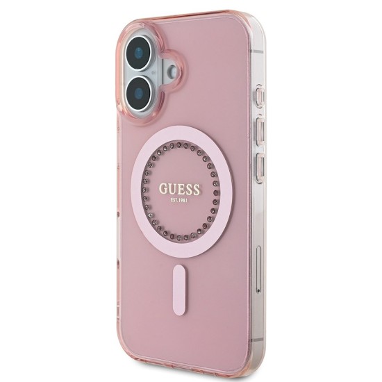 Husa pentru iPhone 16 Plus - Guess IML Rhinestones MagSafe (GUHMP16MPFTDTEP) - Pink