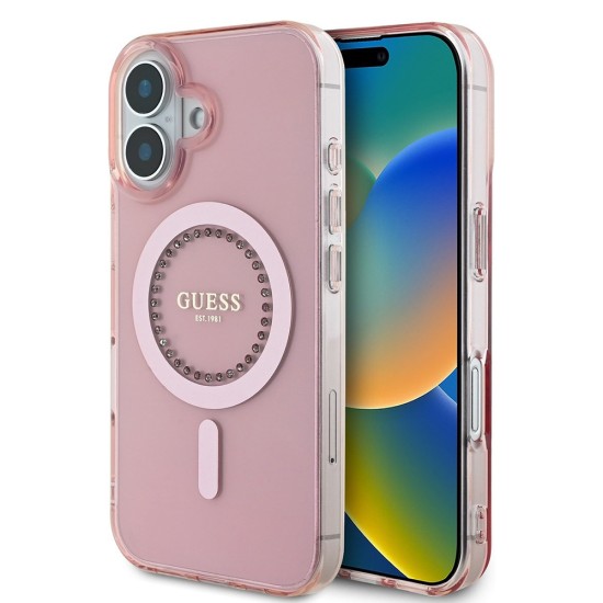 Husa pentru iPhone 16 Plus - Guess IML Rhinestones MagSafe (GUHMP16MPFTDTEP) - Pink