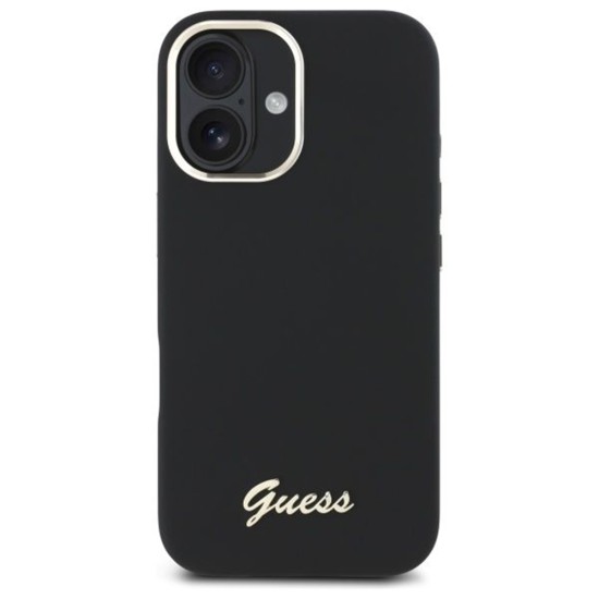 Husa pentru iPhone 16 Plus - Guess Silicone Script Metal Logo & Frame (GUHCP16MSMBSLK) - Black