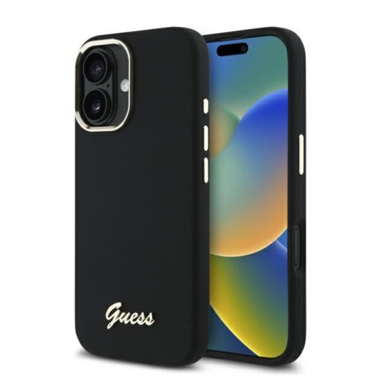 Husa pentru iPhone 16 Plus - Guess Silicone Script Metal Logo & Frame (GUHCP16MSMBSLK) - Black