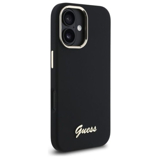 Husa pentru iPhone 16 Plus - Guess Silicone Script Metal Logo & Frame (GUHCP16MSMBSLK) - Black