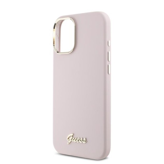 Husa pentru iPhone 16 Plus - Guess Silicone Script Metal Logo & Frame (GUHCP16MSMBSLP) - Pink