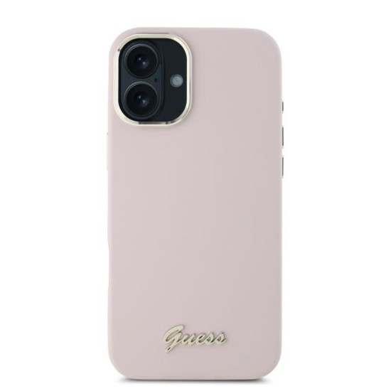 Husa pentru iPhone 16 Plus - Guess Silicone Script Metal Logo & Frame (GUHCP16MSMBSLP) - Pink