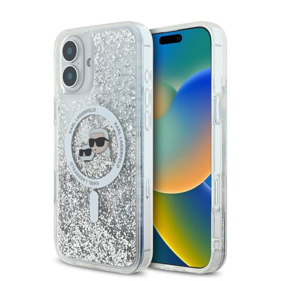 Husa pentru iPhone 16 Plus - Karl Lagerfeld Liquid Glitter MagSafe (KLHMP16MLGKCSGH) - Transparent Karl&Choupette Head