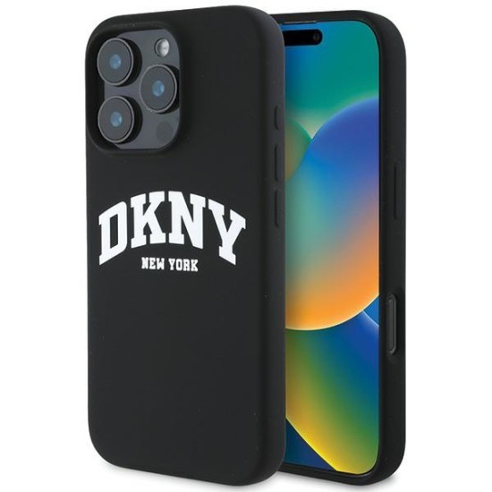 Husa pentru iPhone 16 Pro - DKNY Hardcase Liquid Silicone White Printed Logo MagSafe (DKHMP16LSNYACH) - Black