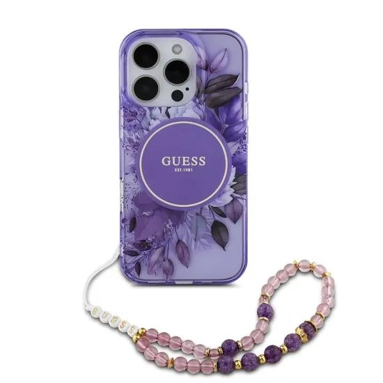 Husa pentru iPhone 16 Pro - Guess IML Flowers with Pearl Strap MagSafe (GUHMP16LHFWBRCESU) - Purple Husa pentru iPhone 16 Pro - Guess IML Flowers with Pearl Strap MagSafe (GUHMP16LHFWBRCESU) - Purple