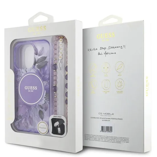 Husa pentru iPhone 16 Pro - Guess IML Flowers with Pearl Strap MagSafe (GUHMP16LHFWBRCESU) - Purple Husa pentru iPhone 16 Pro - Guess IML Flowers with Pearl Strap MagSafe (GUHMP16LHFWBRCESU) - Purple