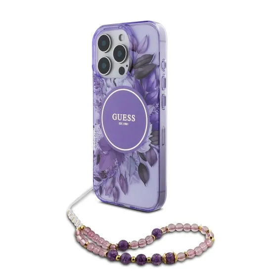 Husa pentru iPhone 16 Pro - Guess IML Flowers with Pearl Strap MagSafe (GUHMP16LHFWBRCESU) - Purple Husa pentru iPhone 16 Pro - Guess IML Flowers with Pearl Strap MagSafe (GUHMP16LHFWBRCESU) - Purple