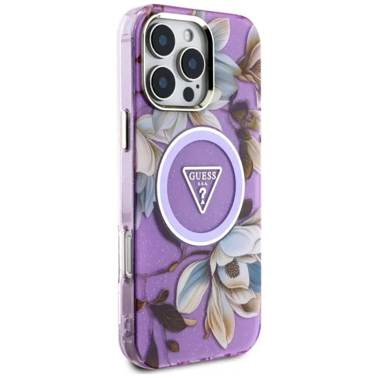 Husa pentru iPhone 16 Pro - Guess IML Metal Glitter Flowers Triangle MagSafe (GUHMP16LHFLPEDU) - Purple