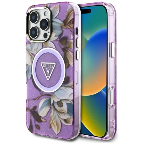 Husa pentru iPhone 16 Pro - Guess IML Metal Glitter Flowers Triangle MagSafe (GUHMP16LHFLPEDU) - Purple