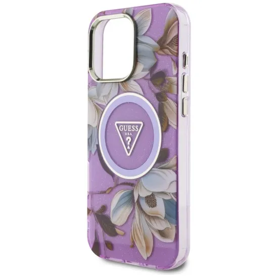 Husa pentru iPhone 16 Pro - Guess IML Metal Glitter Flowers Triangle MagSafe (GUHMP16LHFLPEDU) - Purple