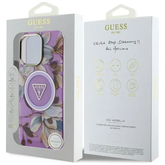 Husa pentru iPhone 16 Pro - Guess IML Metal Glitter Flowers Triangle MagSafe (GUHMP16LHFLPEDU) - Purple