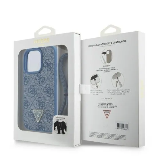 Husa pentru iPhone 16 Pro - Guess Leather Metal Logo Strass Crossbody (GUHCP16LP4TDSCPB) - Blue Husa pentru iPhone 16 Pro - Guess Leather Metal Logo Strass Crossbody (GUHCP16LP4TDSCPB) - Blue
