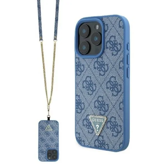 Husa pentru iPhone 16 Pro - Guess Leather Metal Logo Strass Crossbody (GUHCP16LP4TDSCPB) - Blue Husa pentru iPhone 16 Pro - Guess Leather Metal Logo Strass Crossbody (GUHCP16LP4TDSCPB) - Blue