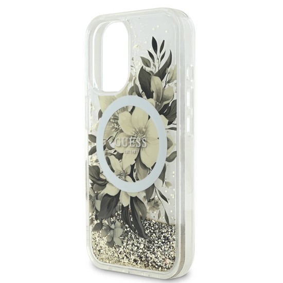 Husa pentru iPhone 16 Pro - Guess Liquid Glitter Flower MagSafe (GUHMP16LLFMWTE) - Beige