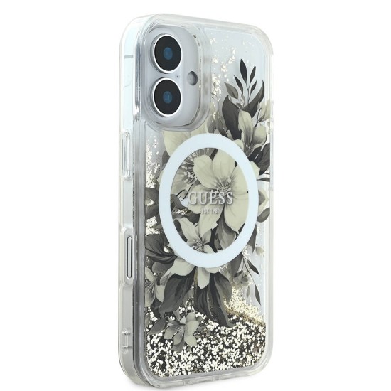 Husa pentru iPhone 16 Pro - Guess Liquid Glitter Flower MagSafe (GUHMP16LLFMWTE) - Beige