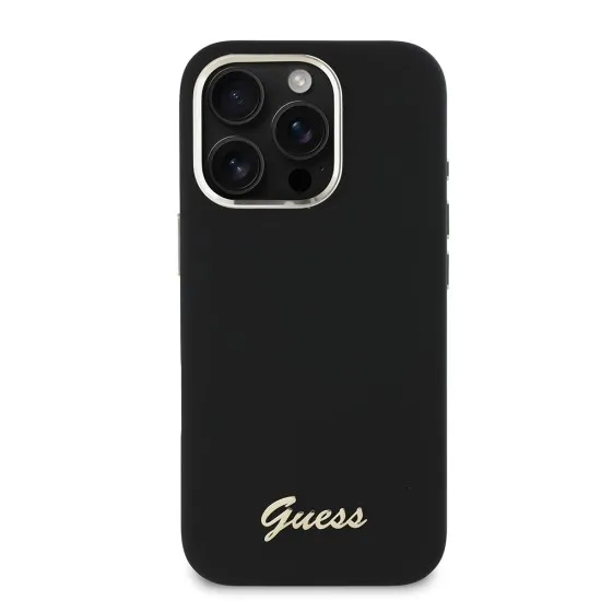 Husa pentru iPhone 16 Pro - Guess Silicone Script Metal Logo & Frame (GUHCP16LSMBSLK) - Black Husa pentru iPhone 16 Pro - Guess Silicone Script Metal Logo & Frame (GUHCP16LSMBSLK) - Black