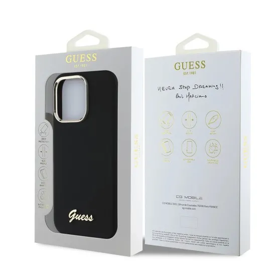 Husa pentru iPhone 16 Pro - Guess Silicone Script Metal Logo & Frame (GUHCP16LSMBSLK) - Black Husa pentru iPhone 16 Pro - Guess Silicone Script Metal Logo & Frame (GUHCP16LSMBSLK) - Black