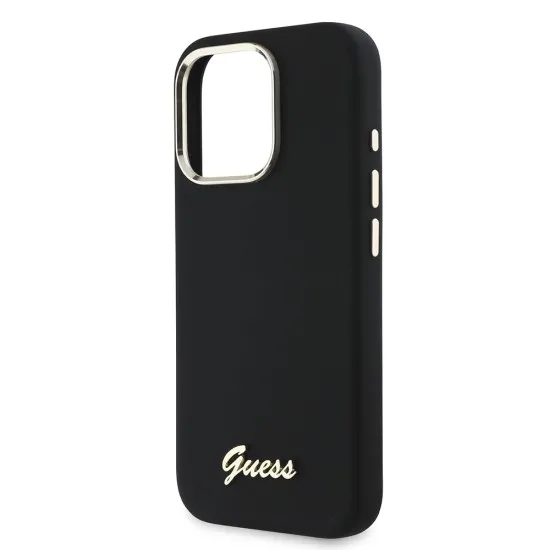 Husa pentru iPhone 16 Pro - Guess Silicone Script Metal Logo & Frame (GUHCP16LSMBSLK) - Black Husa pentru iPhone 16 Pro - Guess Silicone Script Metal Logo & Frame (GUHCP16LSMBSLK) - Black