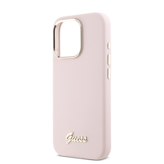 Husa pentru iPhone 16 Pro - Guess Silicone Script Metal Logo & Frame (GUHCP16LSMBSLP) - Pink