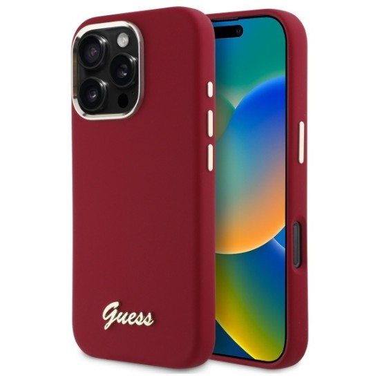 Husa pentru iPhone 16 Pro - Guess Silicone Script Metal Logo (GUHCP16LSMBSLM) - Red