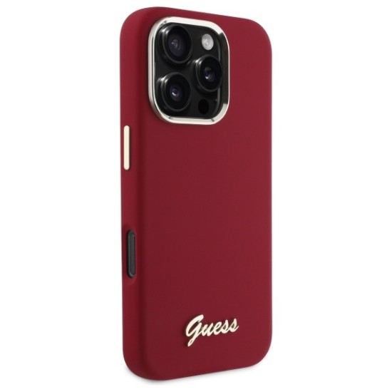 Husa pentru iPhone 16 Pro - Guess Silicone Script Metal Logo (GUHCP16LSMBSLM) - Red