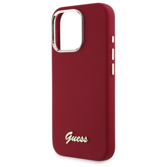 Husa pentru iPhone 16 Pro - Guess Silicone Script Metal Logo (GUHCP16LSMBSLM) - Red