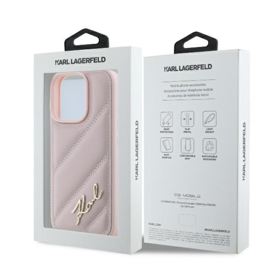 Husa pentru iPhone 16 Pro - Karl Lagerfeld Diagonal Quilted Script (KLHCP16LPQDSMGP) - Pink