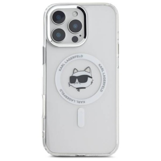 Husa pentru iPhone 16 Pro - Karl Lagerfeld IML MagSafe (KLHMP16LHLSCHH) - White Metal Choupette`s Head