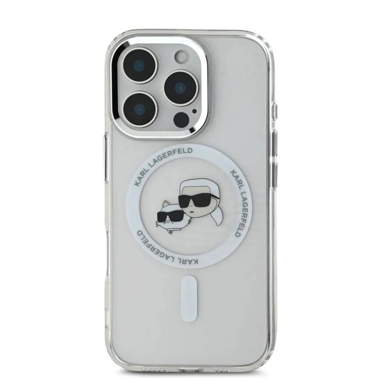 Husa pentru iPhone 16 Pro - Karl Lagerfeld IML MagSafe (KLHMP16LHLSKCH) - White Metal Karl&Choupette Head