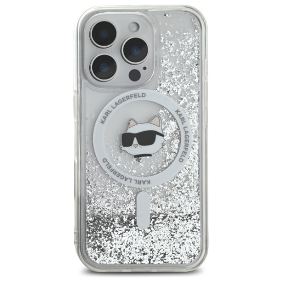 Husa pentru iPhone 16 Pro - Karl Lagerfeld Liquid Glitter MagSafe (KLHMP16LLGCHSGH) - Transparent Choupette Head