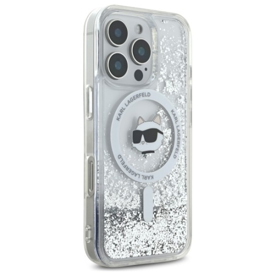 Husa pentru iPhone 16 Pro - Karl Lagerfeld Liquid Glitter MagSafe (KLHMP16LLGCHSGH) - Transparent Choupette Head