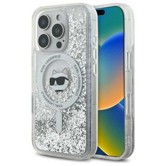 Husa pentru iPhone 16 Pro - Karl Lagerfeld Liquid Glitter MagSafe (KLHMP16LLGCHSGH) - Transparent Choupette Head