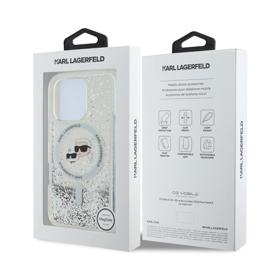 Husa pentru iPhone 16 Pro - Karl Lagerfeld Liquid Glitter MagSafe (KLHMP16LLGKCSGH) - Clear Karl&Choupette Head