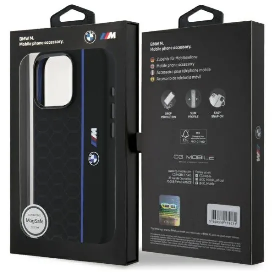Husa pentru iPhone 16 Pro Max - BMW Hardcase Silicone Hexagon Blue Line MagSafe (BMHMP16X23SHEB) - Black Husa pentru iPhone 16 Pro Max - BMW Hardcase Silicone Hexagon Blue Line MagSafe (BMHMP16X23SHEB) - Black