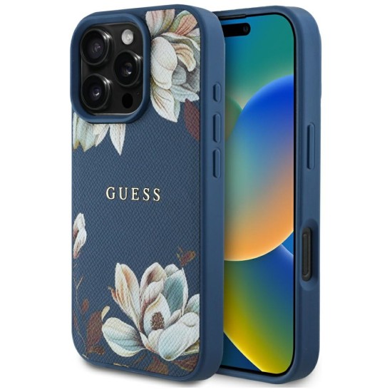 Husa pentru iPhone 16 Pro Max - Guess Grained Flowers MagSafe (GUHMP16XPGNMPLMB) - Blue