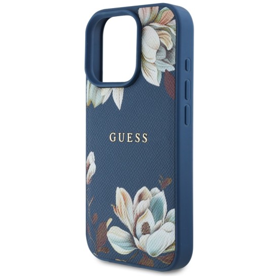 Husa pentru iPhone 16 Pro Max - Guess Grained Flowers MagSafe (GUHMP16XPGNMPLMB) - Blue