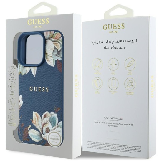 Husa pentru iPhone 16 Pro Max - Guess Grained Flowers MagSafe (GUHMP16XPGNMPLMB) - Blue