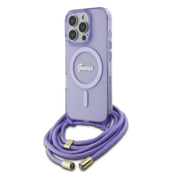 Husa pentru iPhone 16 Pro Max - Guess IML Crossbody Cord Script MagSafe (GUHMP16LHCTSGNSU) - Purple