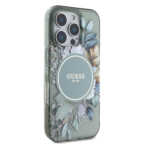 Husa pentru iPhone 16 Pro Max - Guess IML Flower & Tonal Circle MagSafe (GUHMP16XHFWBDCEN) - Green