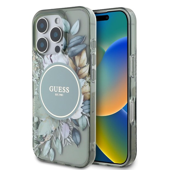 Husa pentru iPhone 16 Pro Max - Guess IML Flower & Tonal Circle MagSafe (GUHMP16XHFWBDCEN) - Green